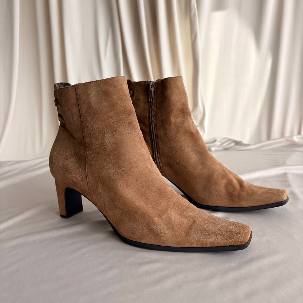 Bandolino Tan Suede Ankle Boots - Pointed Square Toe, Block Heel, 7.5